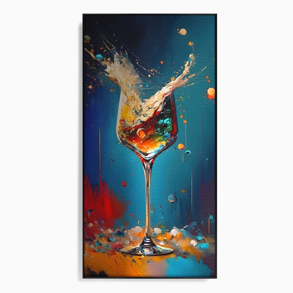 Tablou canvas cu tablou canvas cu pahar de cocktail si stropi colorati, in rama de aluminiu negru